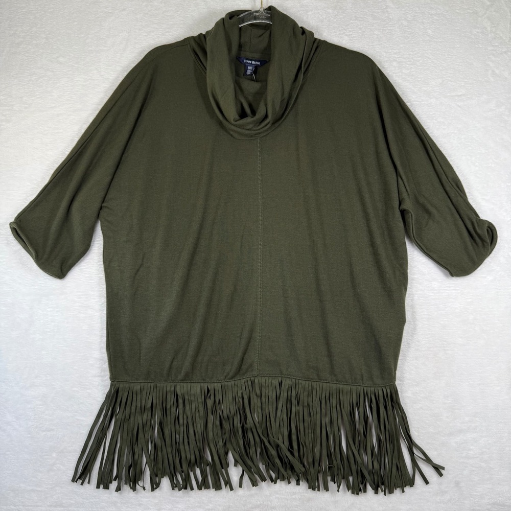 Terre Bleue Womens Evening Olive Cowl Neck Fringe Hem Poncho Top Small NWT 80427